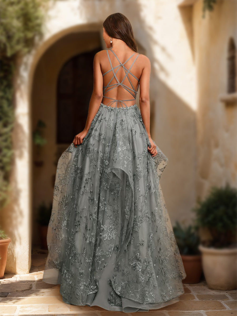 Ball Gown V-Neck Sleeveless Tiered Formal Dresses