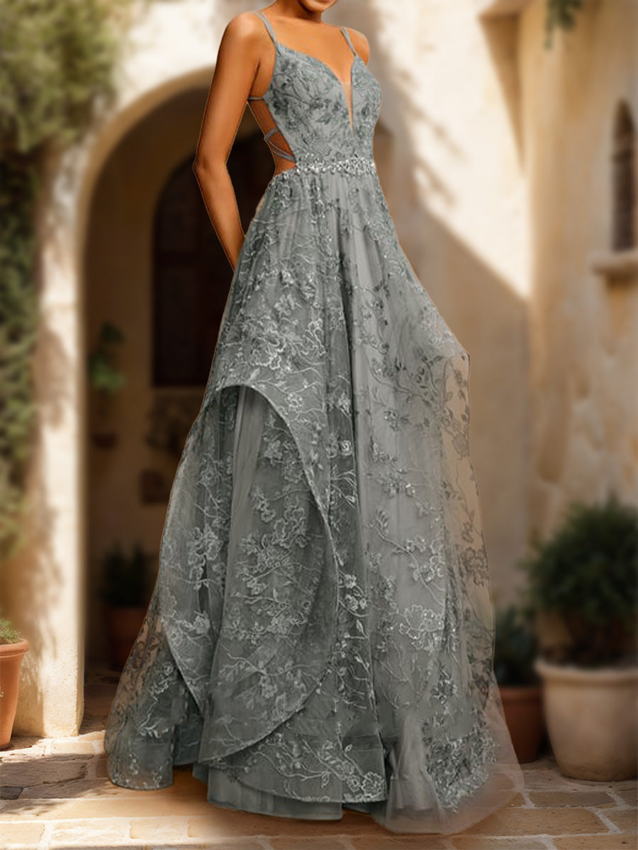 Ball Gown V-Neck Sleeveless Tiered Formal Dresses