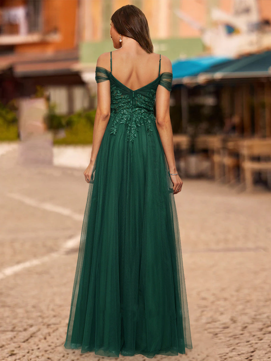A-Line/Princess Cold Shoulder Short Sleeves Sequins Formal Dresses