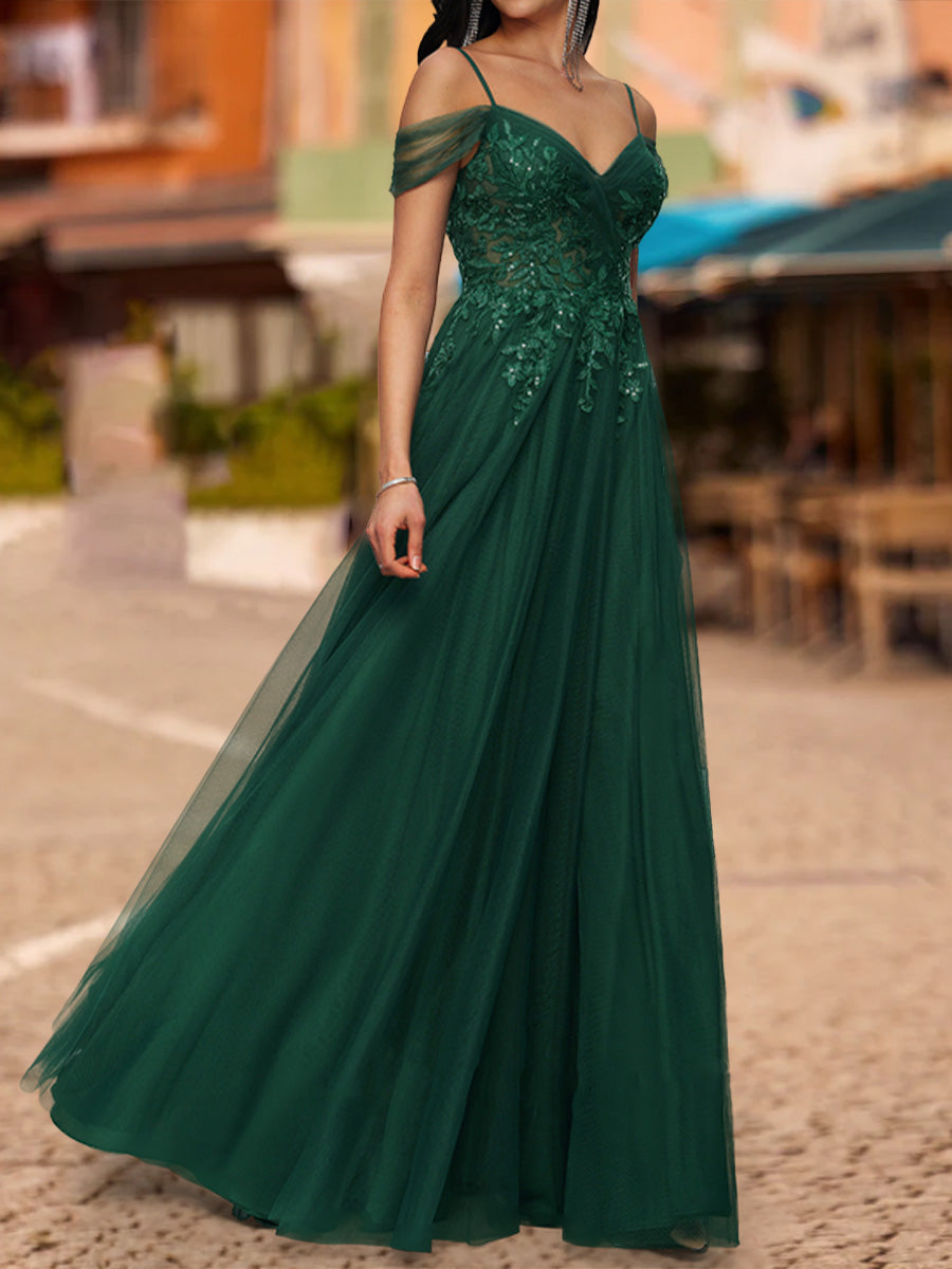 A-Line/Princess Cold Shoulder Short Sleeves Sequins Formal Dresses