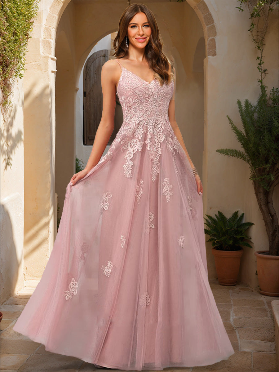 A-Line/Princess V-Neck Sleeveless Applique Formal Dresses