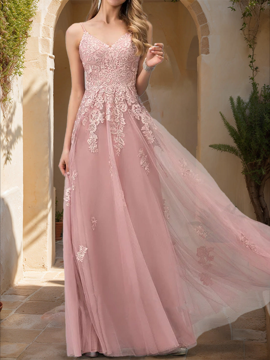 A-Line/Princess V-Neck Sleeveless Applique Formal Dresses