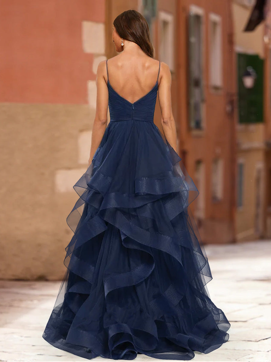 Ball Gown V-Neck Sleeveless Tiered Formal Dresses