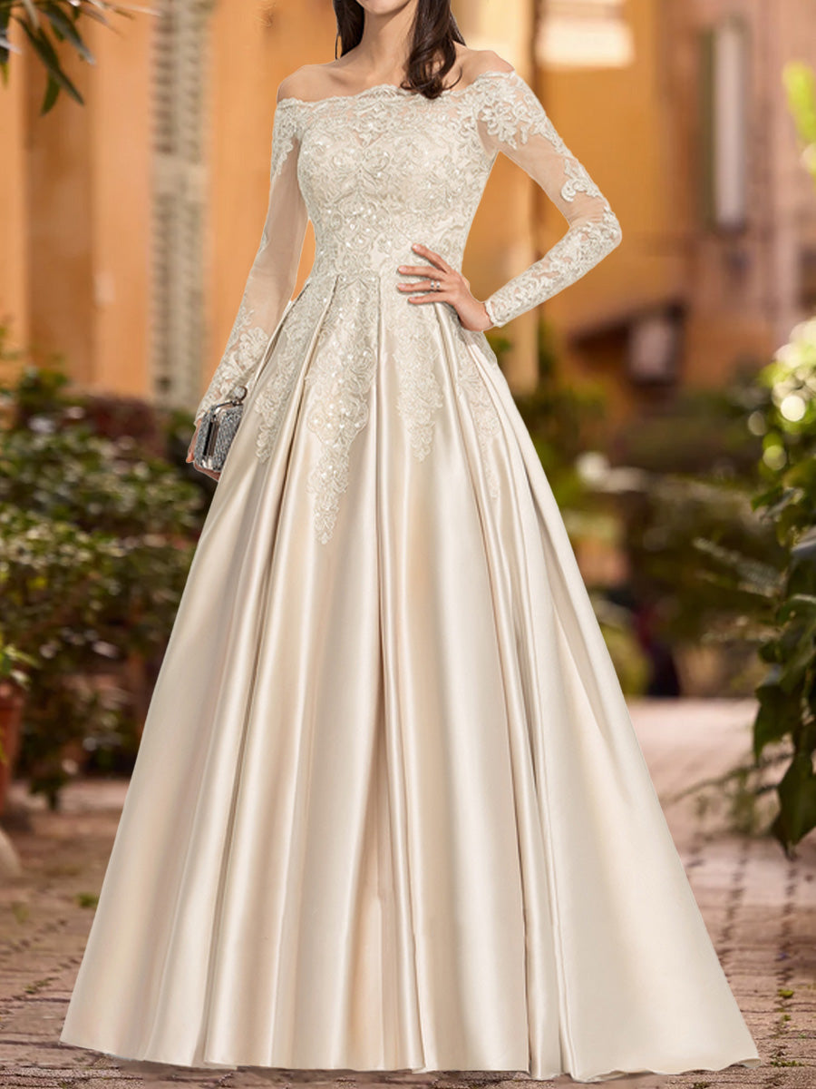 A-Line/Princess Off-the-Shoulder Long Sleeves Sequins Formal Dresses
