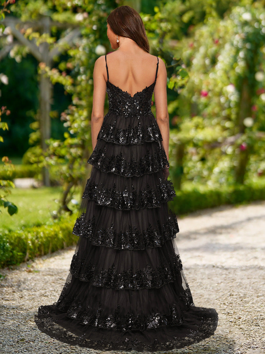 A-Line/Princess V-Neck Sleeveless Sequins Formal Dresses