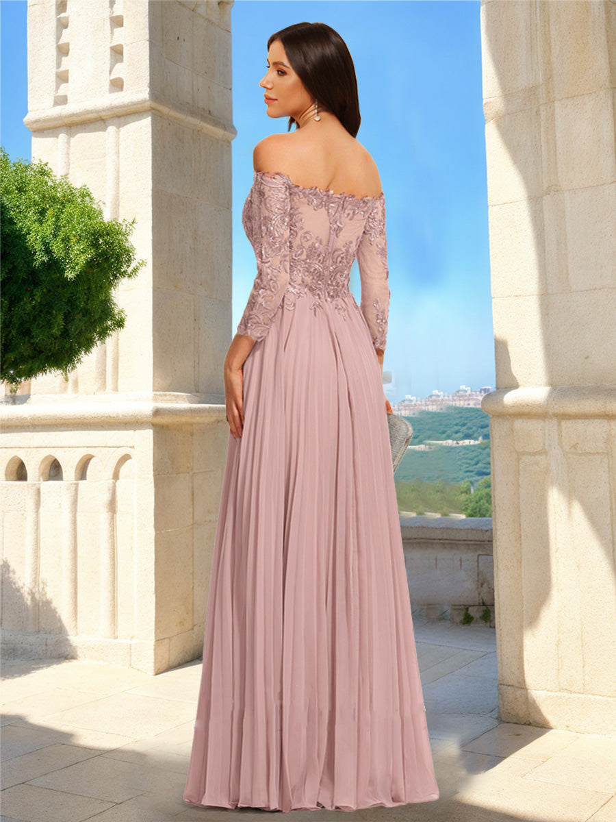 A-Line/Princess Off-the-Shoulder 3/4 Sleeves Lace Formal Dresses