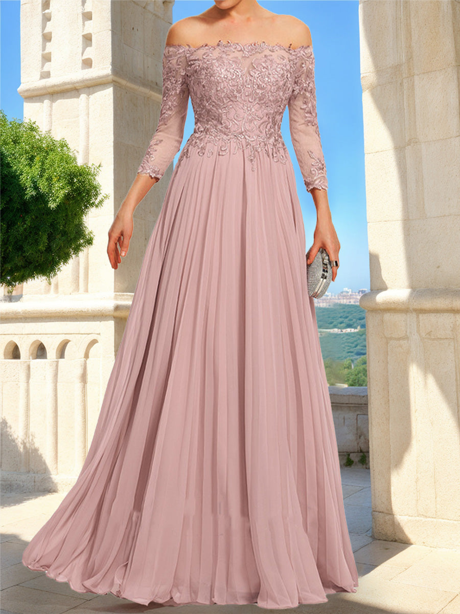 A-Line/Princess Off-the-Shoulder 3/4 Sleeves Lace Formal Dresses