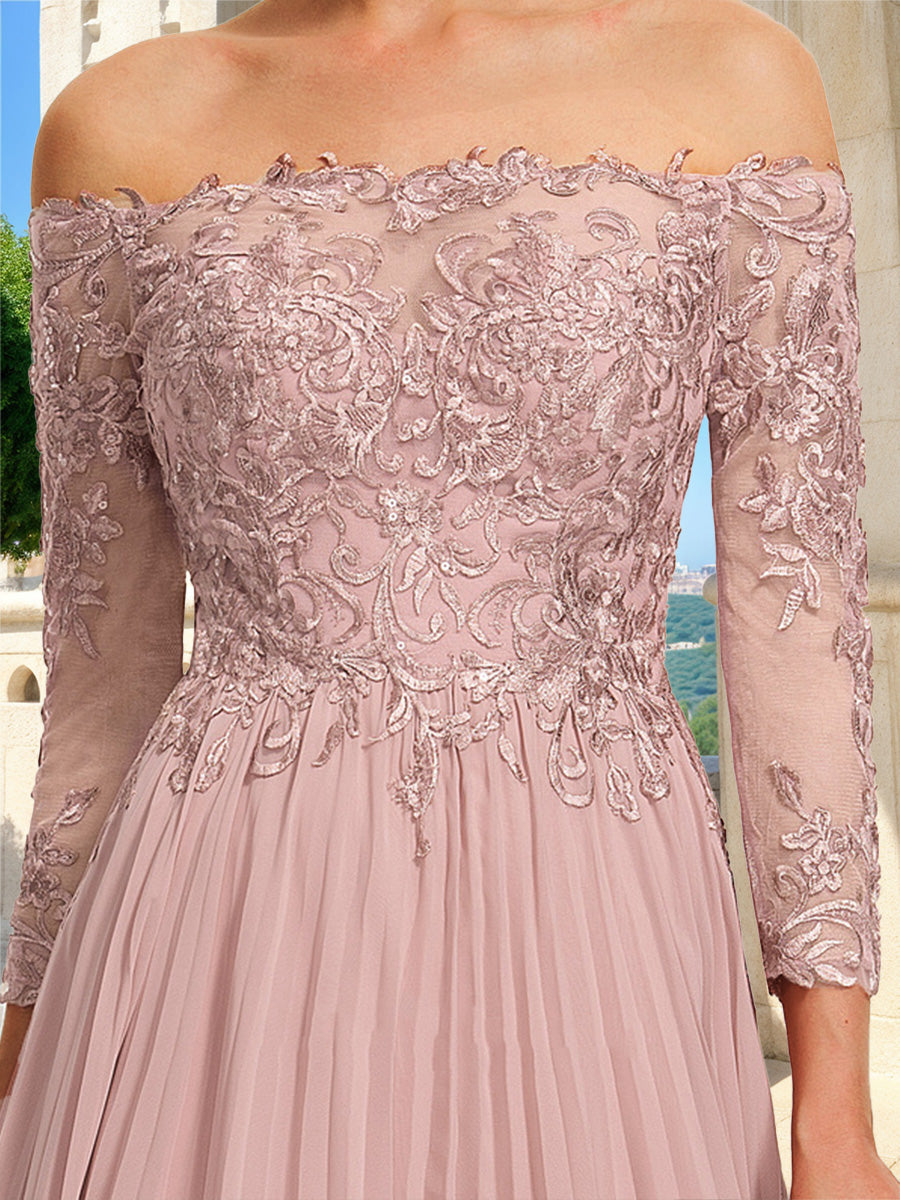 A-Line/Princess Off-the-Shoulder 3/4 Sleeves Lace Formal Dresses