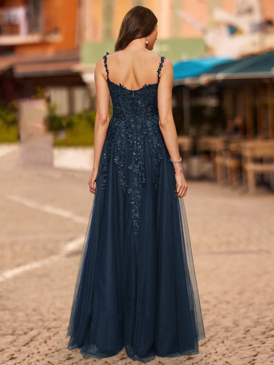 A-Line/Princess V-Neck Sleeveless Lace Formal Dresses