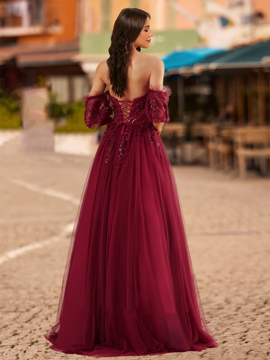 Ball Gown Sweetheart Half Sleeves Sequins Formal Dresses