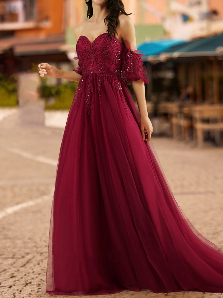 Ball Gown Sweetheart Half Sleeves Sequins Formal Dresses