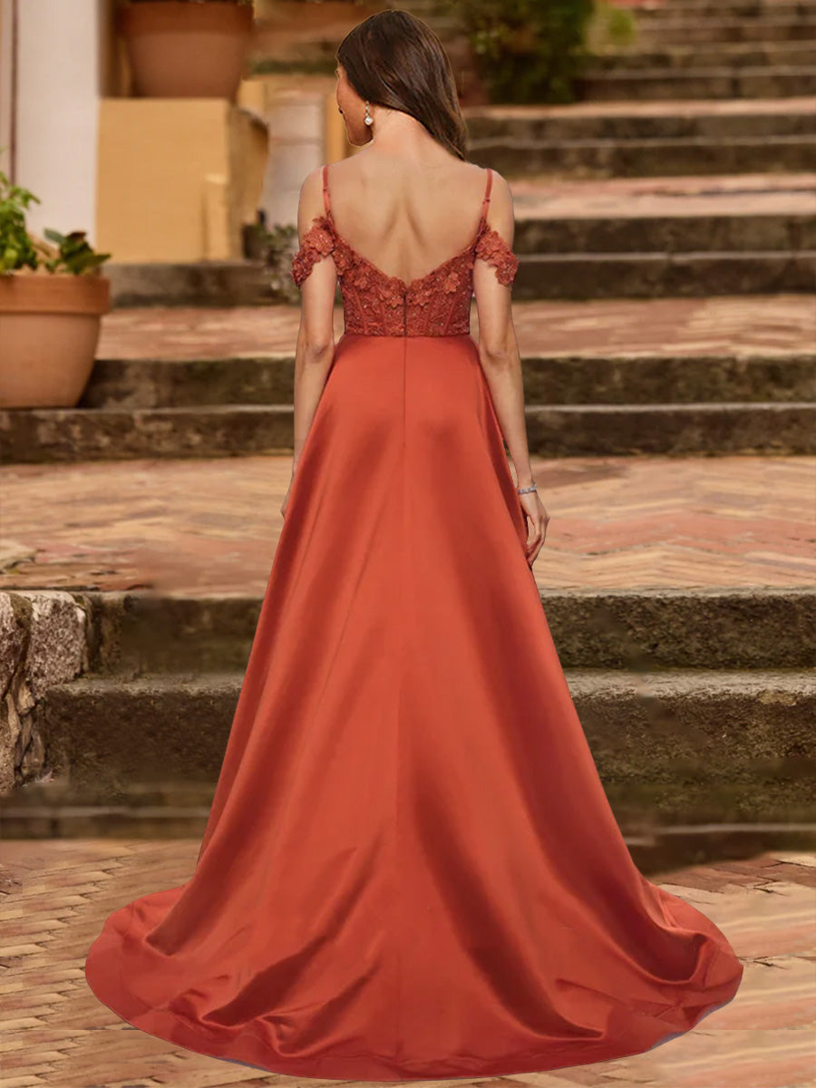 A-Line/Princess Cold Shoulder Short Sleeves Rhinestone Formal Dresses