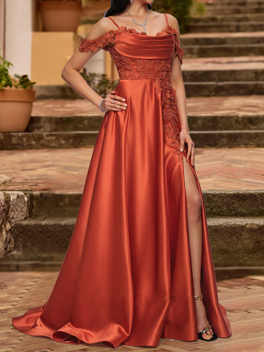 A-Line/Princess Cold Shoulder Short Sleeves Rhinestone Formal Dresses