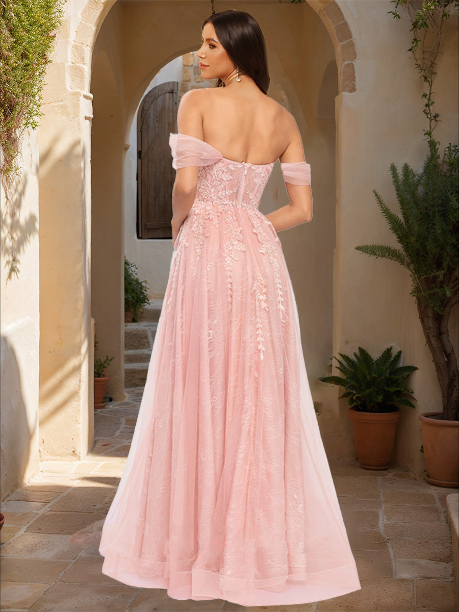 Ball Gown Off-the-Shoulder Short Sleeves Applique Formal Dresses