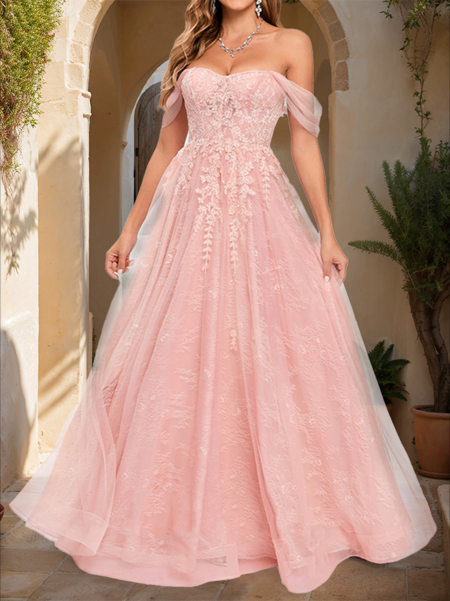 Ball Gown Off-the-Shoulder Short Sleeves Applique Formal Dresses
