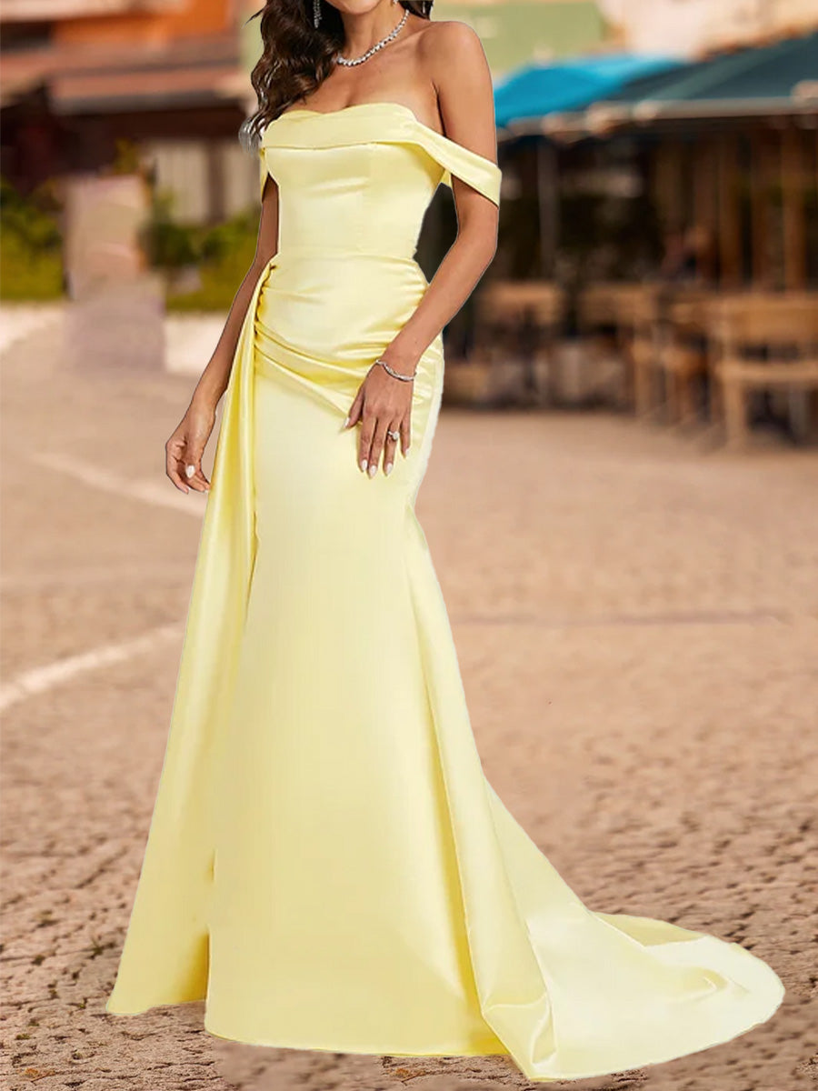 Trumpet/Mermaid Off-the-Shoulder Short Sleeves Split Side Formal Dresses