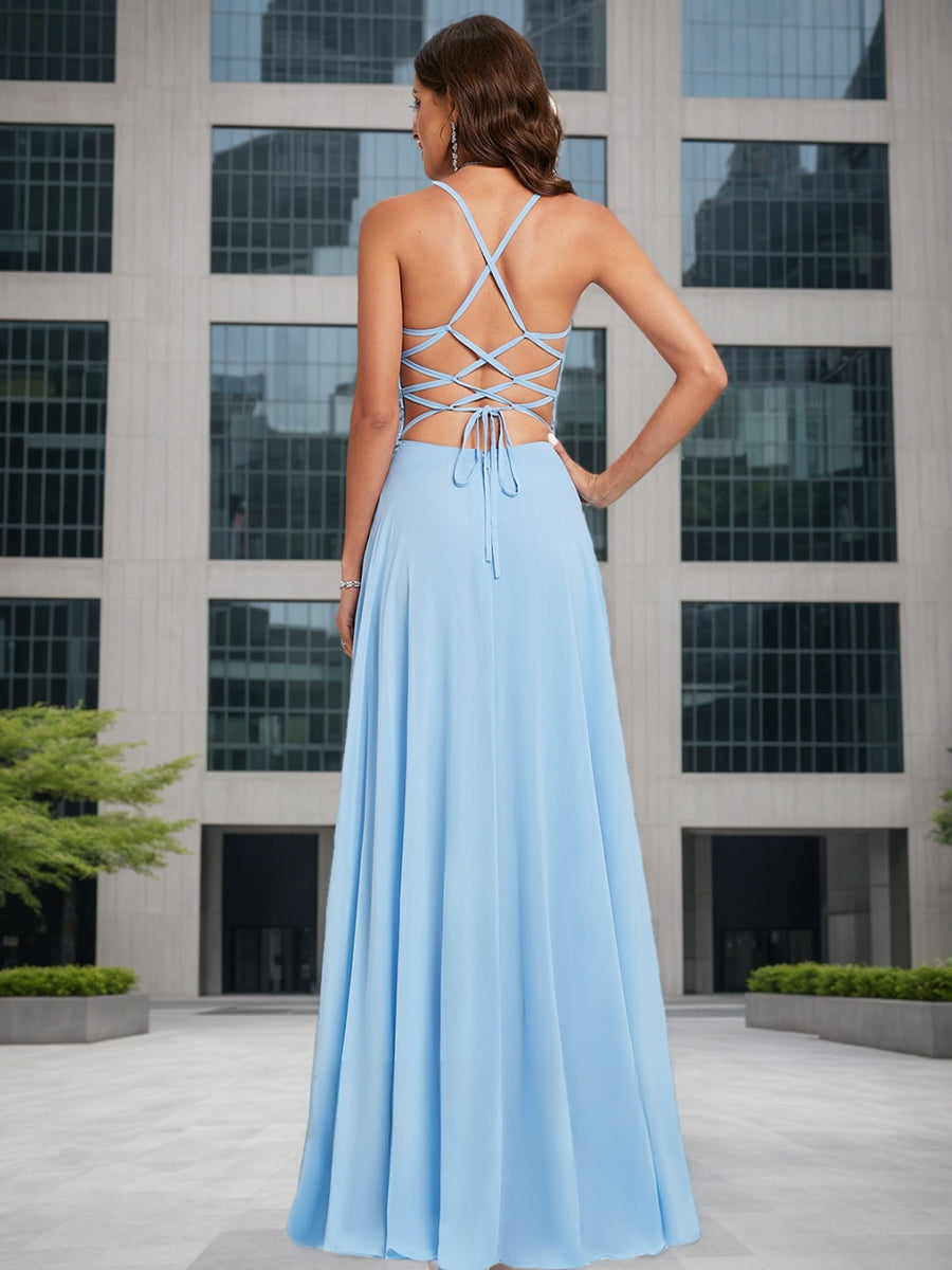 A-Line/Princess V-Neck Sleeveless Applique Formal Dresses