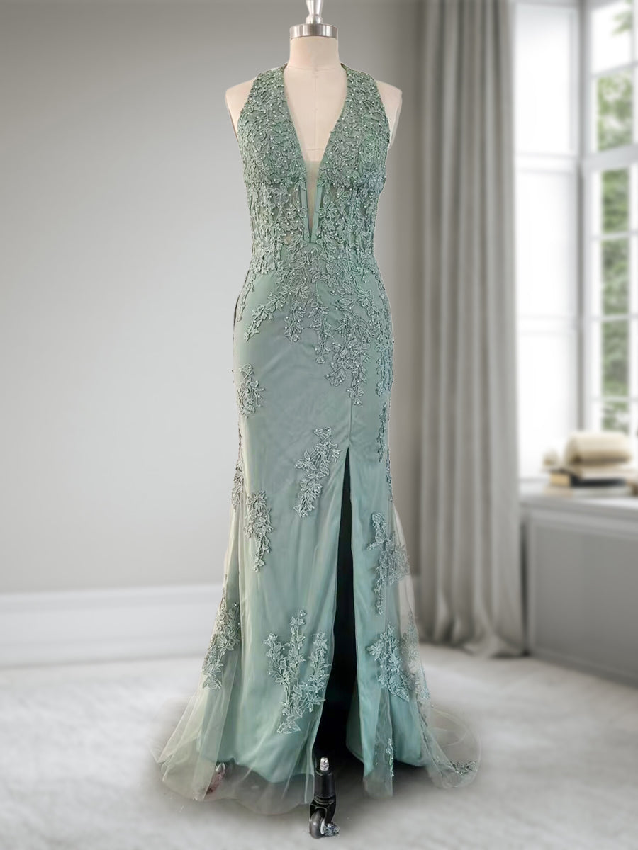 Trumpet/Mermaid Halter Sleeveless Beading Formal Dresses