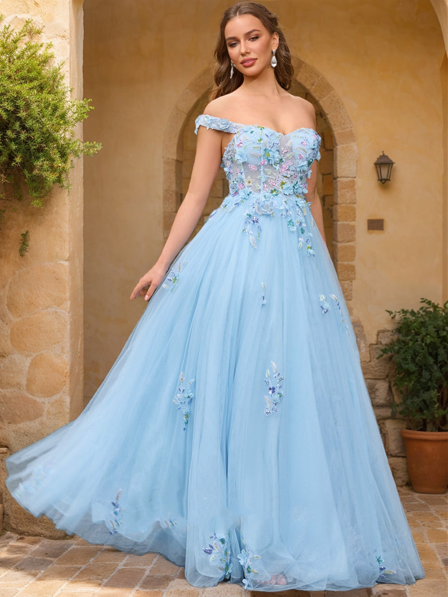 Ball Gown Off the Shoulder Short Sleeves Applique Formal Dresses