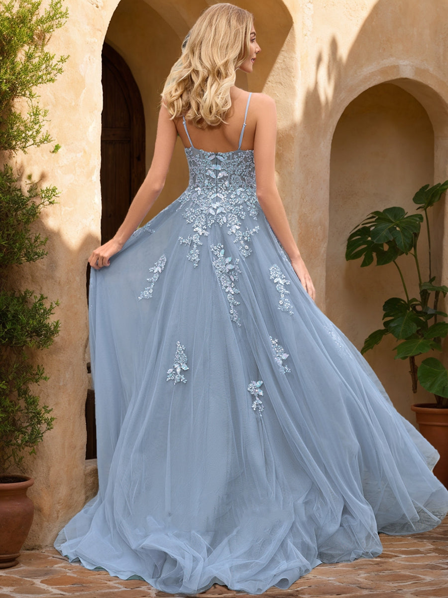 A-Line/Princess V-Neck Sleeveless Appliques Formal Dresses