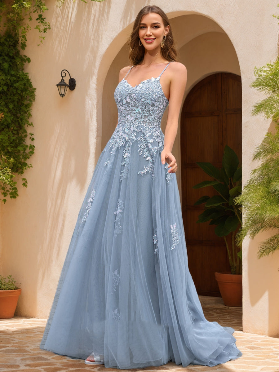 A-Line/Princess V-Neck Sleeveless Appliques Formal Dresses