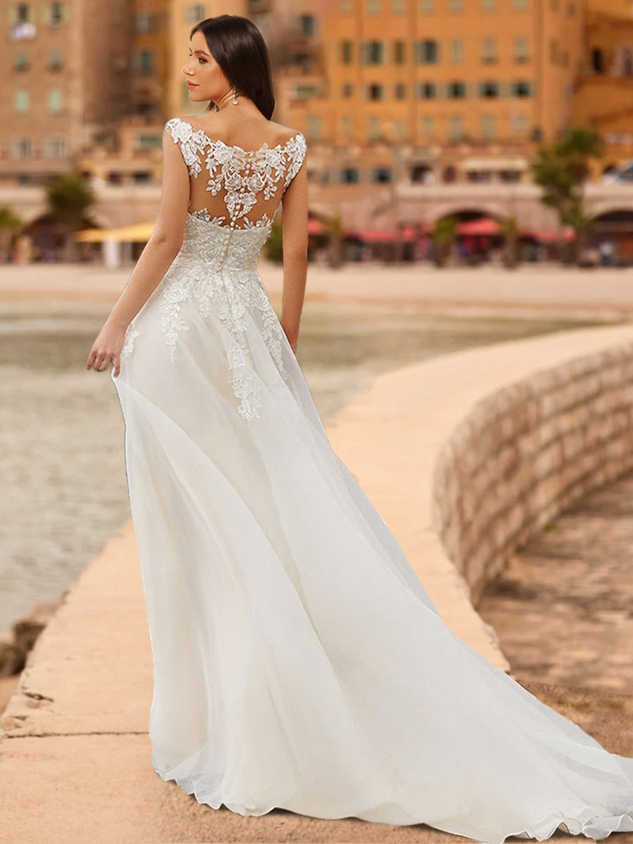A-Line/Princess V-Neck Sleeveless Lace Wedding Dresses