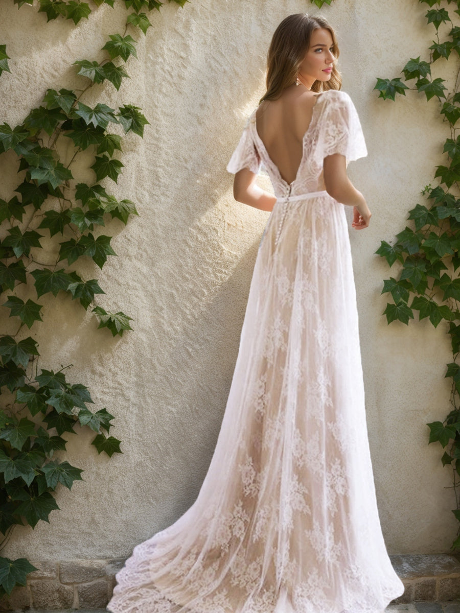 A-Line/Princess V-Neck Short Sleeves Ruched Wedding Dresses