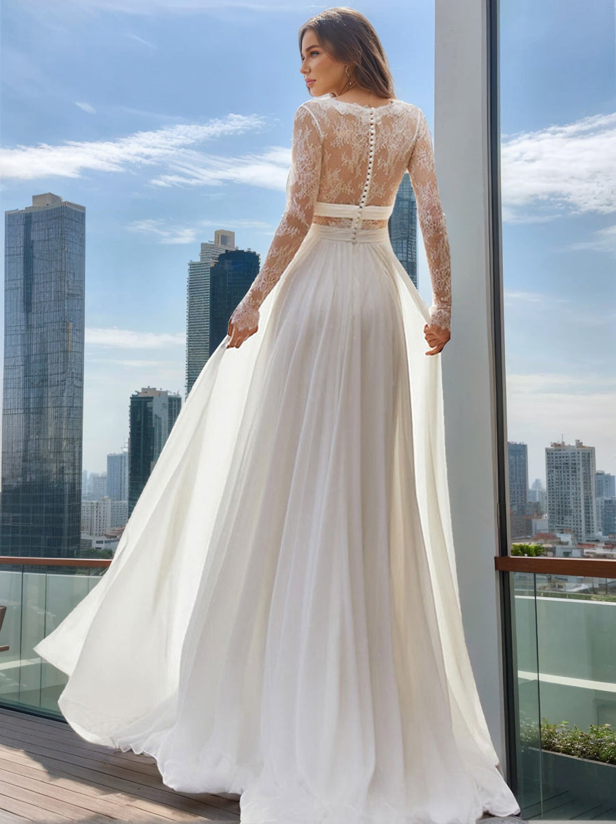A-Line/Princess Plunging V-Neck Long Sleeves Lace Wedding Dresses