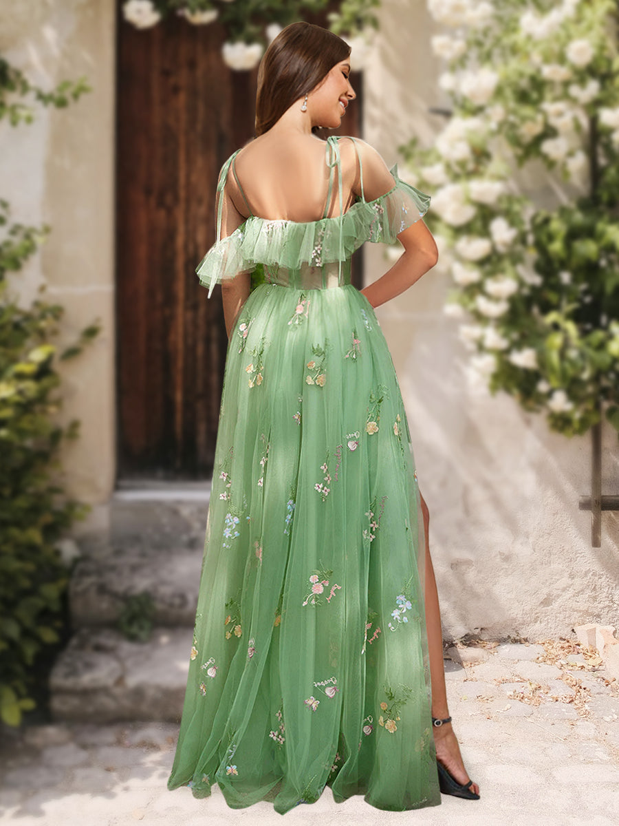 A-Line/Princess V-Neck Split Side Sleeveless Ruffles Formal Dresses