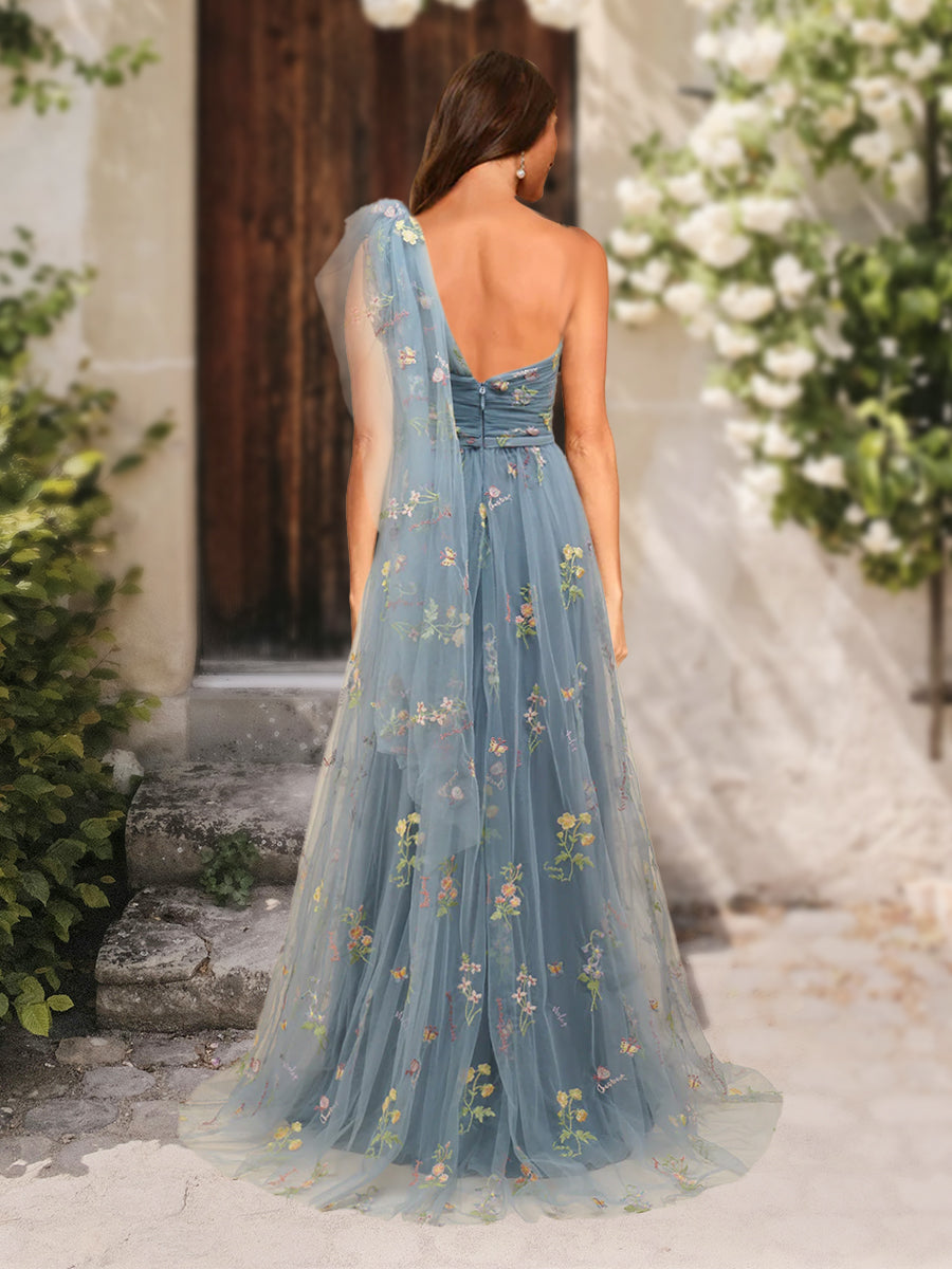 A-Line/Princess One-Shoulder Sleeveless Watteau Train Formal Dresses
