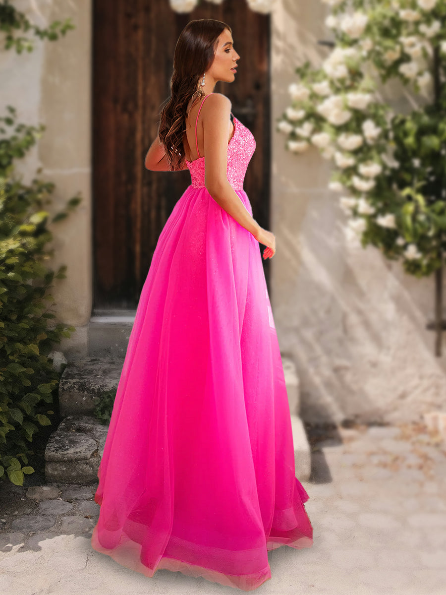 A-Line/Princess V-Neck Sleeveless Sequins Formal Dresses