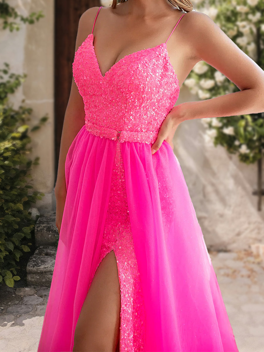 A-Line/Princess V-Neck Sleeveless Sequins Formal Dresses