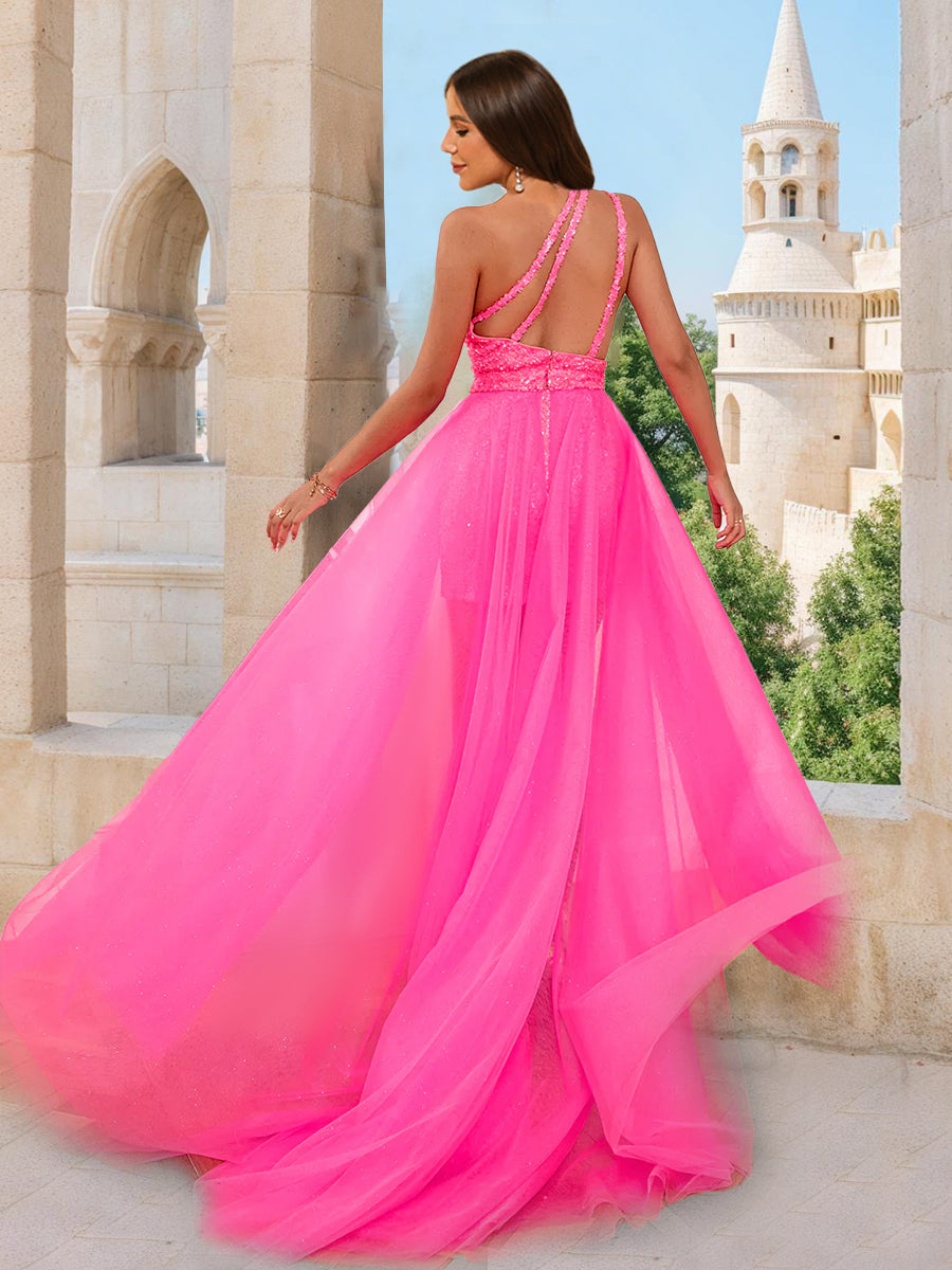 A-Line/Princess One-Shoulder Sleeveless Detachable Formal Dresses