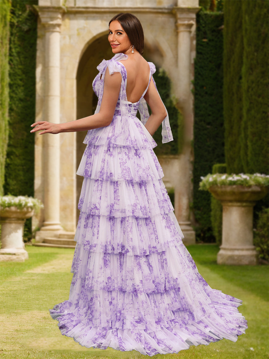 A-Line/Princess V-Neck Sleeveless Tiered Floral Formal Dresses