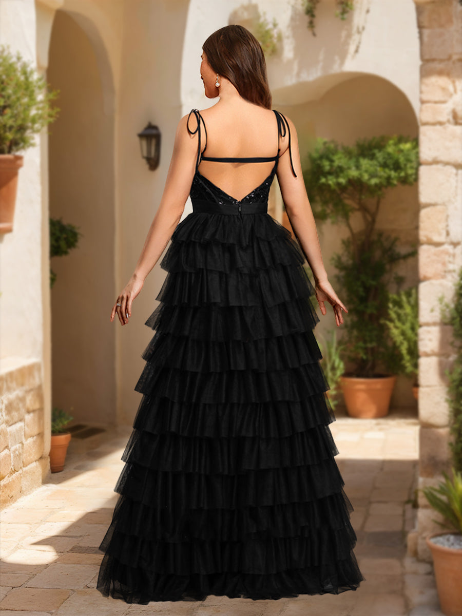 A-Line/Princess Spaghetti Straps Sleeveless Tiered Formal Dresses