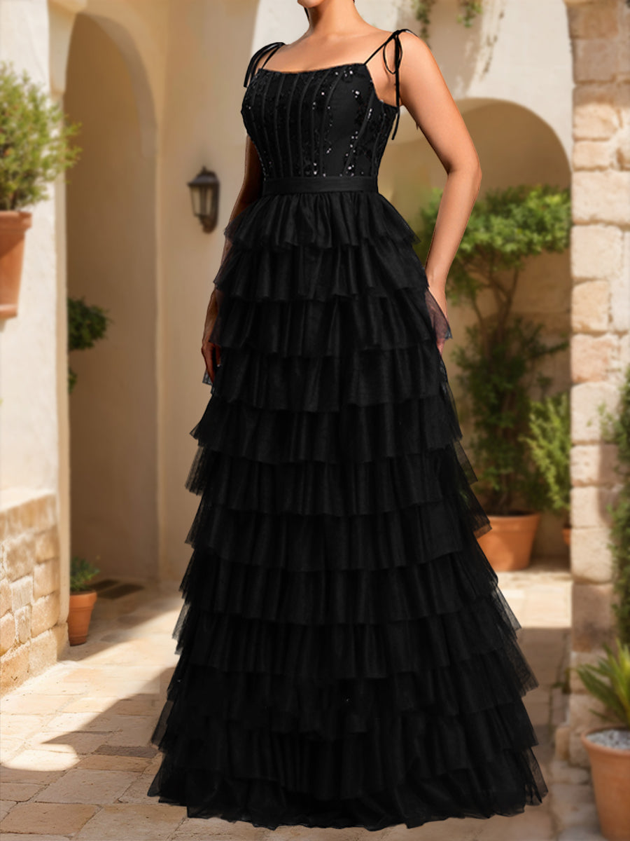A-Line/Princess Spaghetti Straps Sleeveless Tiered Formal Dresses