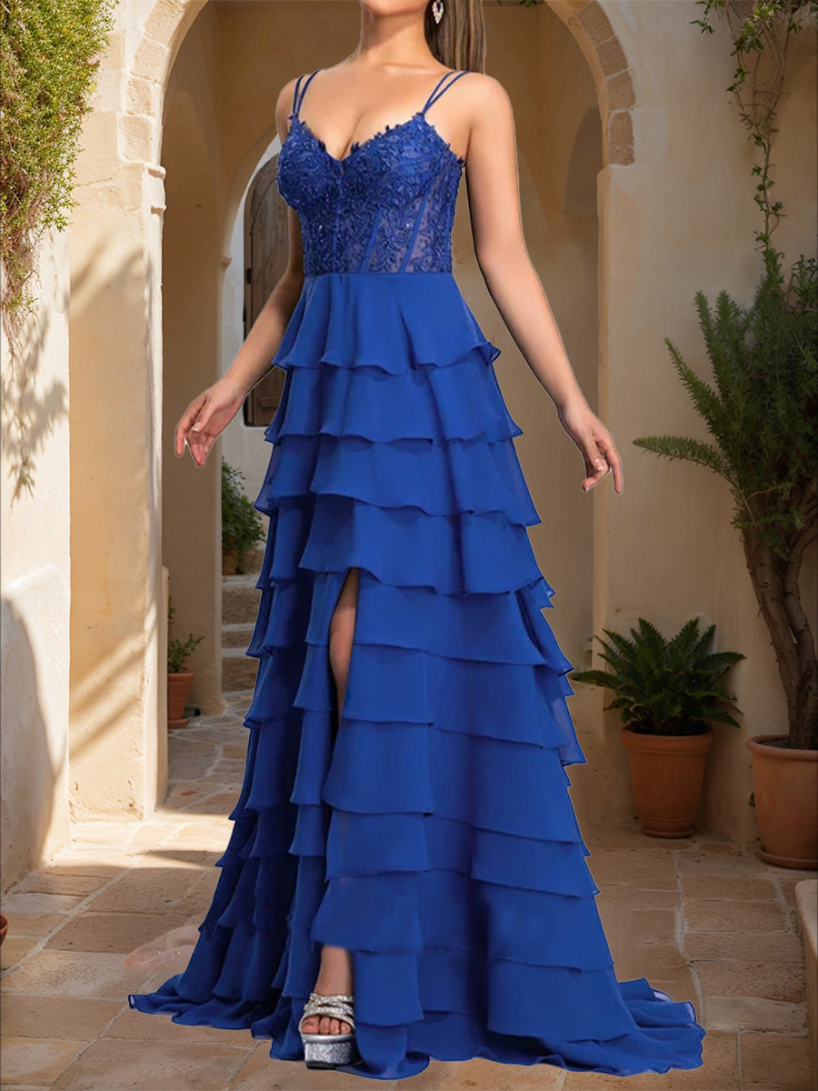 A-Line/Princess Straps Sheer Corset Lace Ruffle Formal Dresses with Appliques