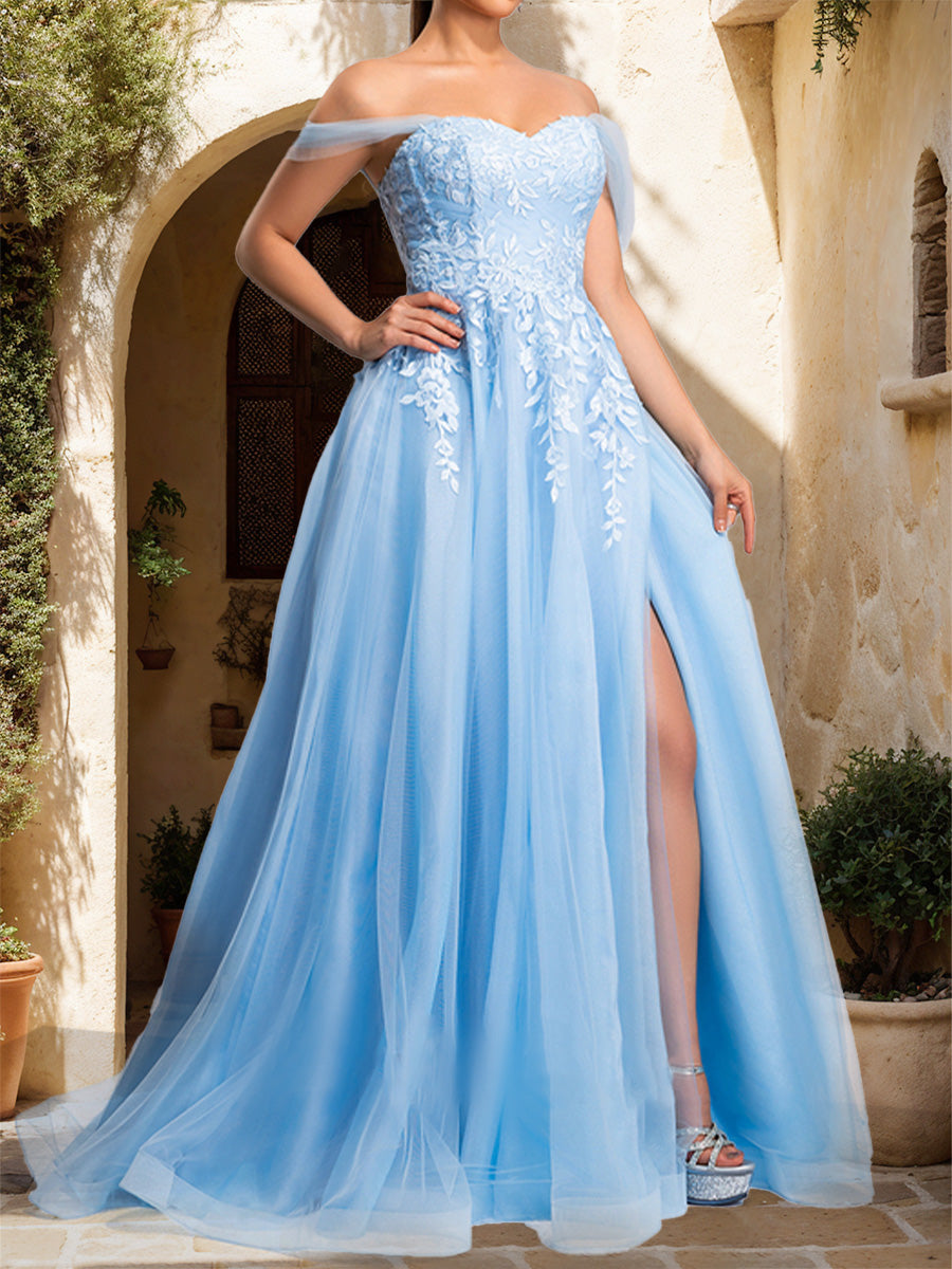 A-Line/Princess Sweetheart Appliques Tulle Formal Dresses with Split Side