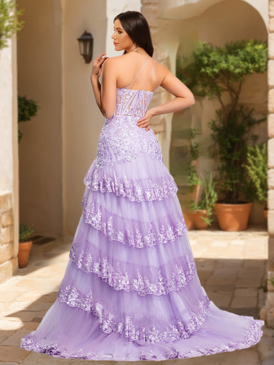 Trumpet/Mermaid One-Shoulder Tiered Formal Dresses with Sequin Appliques