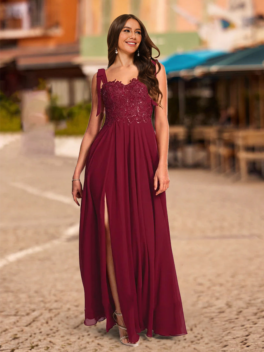 A-Line/Princess Tie Straps Sweetheart Long Formal Dresses with Sequin Appliques