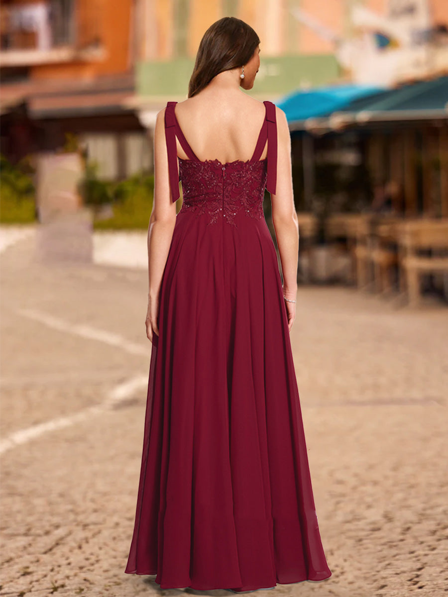 A-Line/Princess Tie Straps Sweetheart Long Formal Dresses with Sequin Appliques