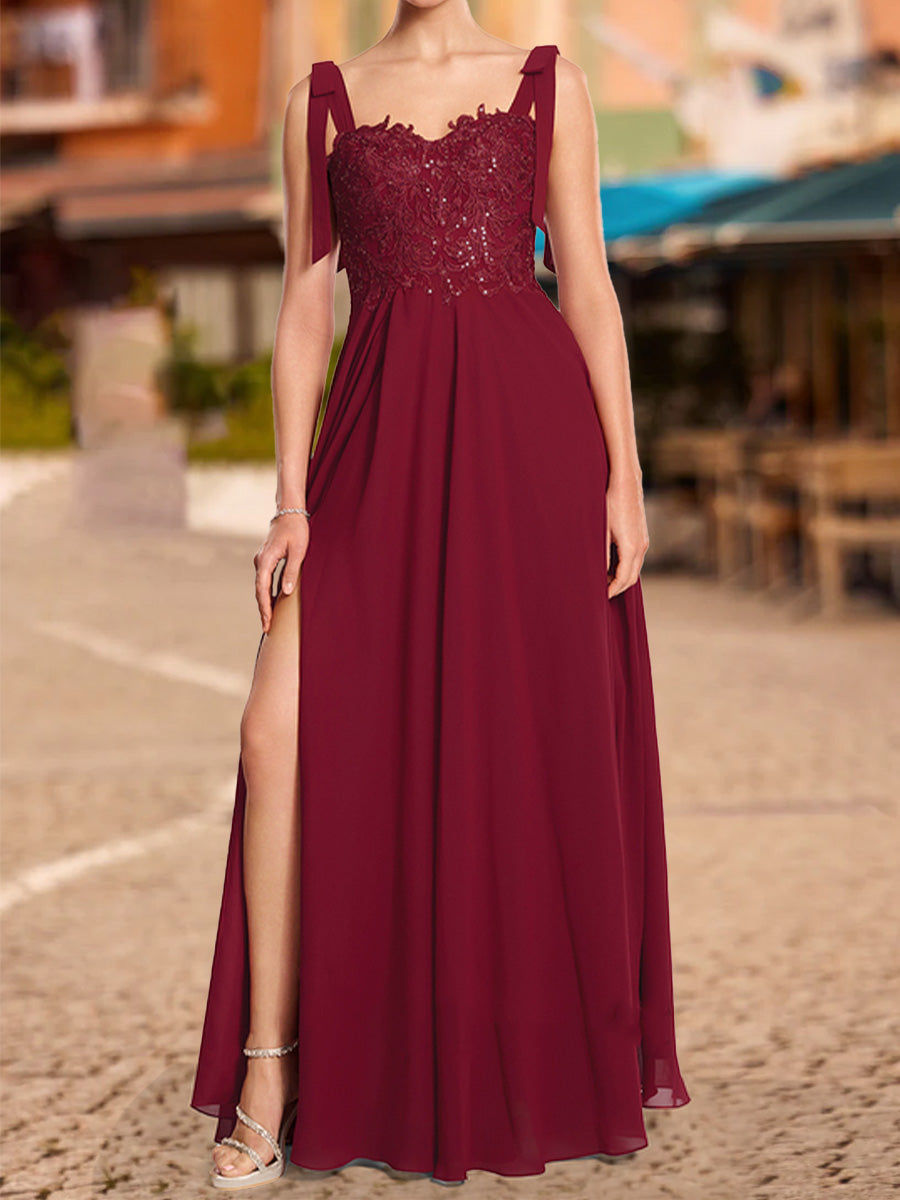 A-Line/Princess Tie Straps Sweetheart Long Formal Dresses with Sequin Appliques