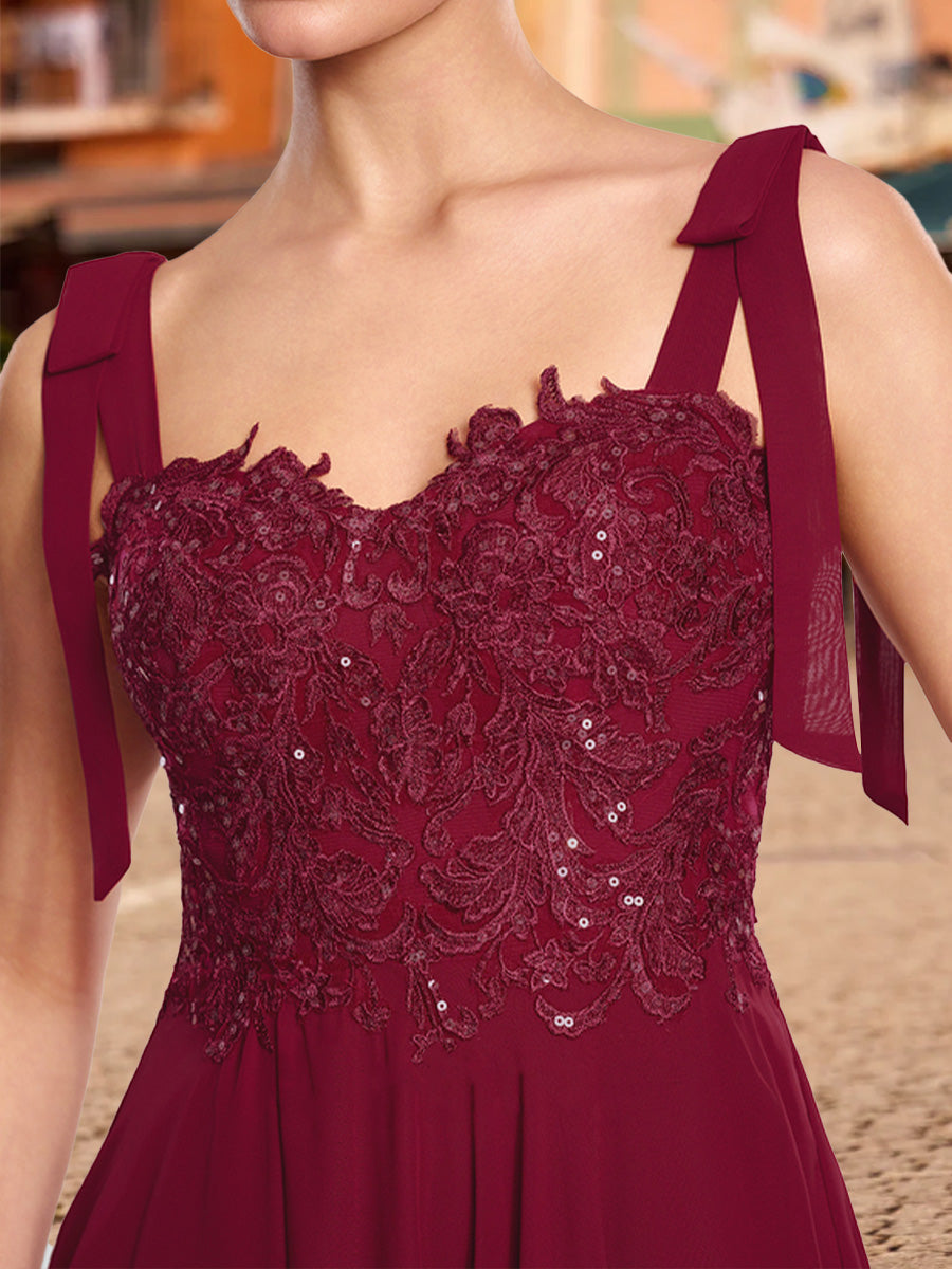A-Line/Princess Tie Straps Sweetheart Long Formal Dresses with Sequin Appliques