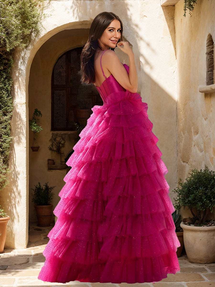 A-Line/Princess Spaghetti Straps Ruffle Formal Dresses with Split Side