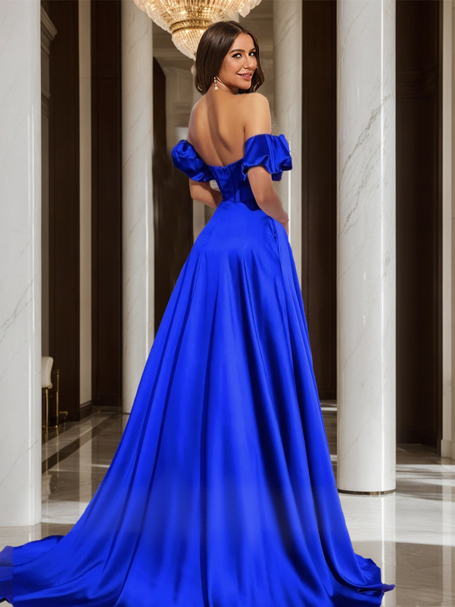 A-Line/Princess Sweetheart Strapless Corset Slit Long Formal Dresses with Detachable Sleeves