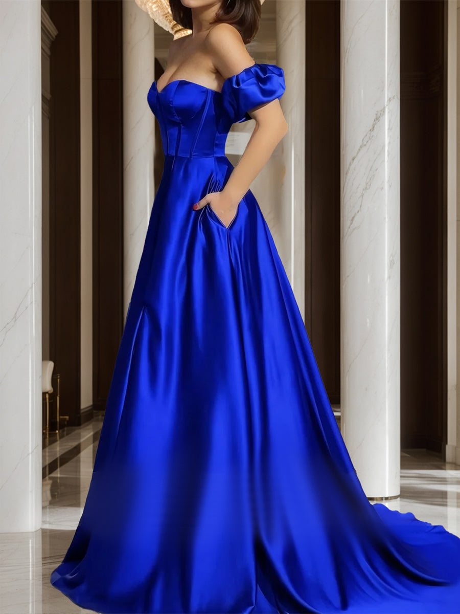 A-Line/Princess Sweetheart Strapless Corset Slit Long Formal Dresses with Detachable Sleeves