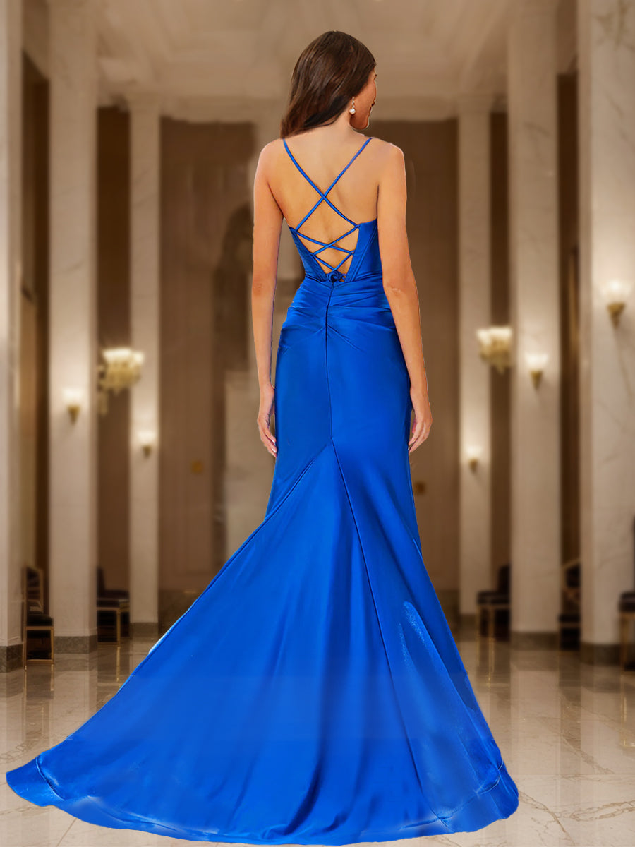 Trumpet/Mermaid Straps Corset Keyhole Pleated Long Formal Dresses with Bow