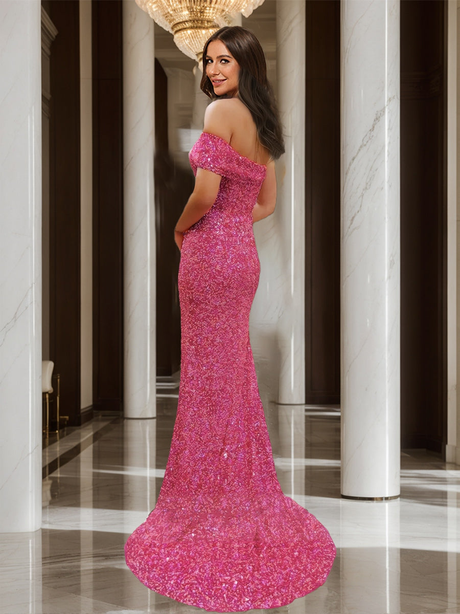 Trumpet/Mermaid Off-the-Shoulder Short Sleeve Sequin Formal Dresses with Split Side