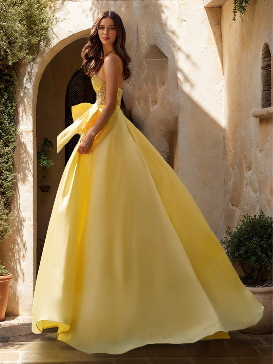 A-Line/Princess Sweetheart Sheer Corset Beaded Formal Dresses with Bow