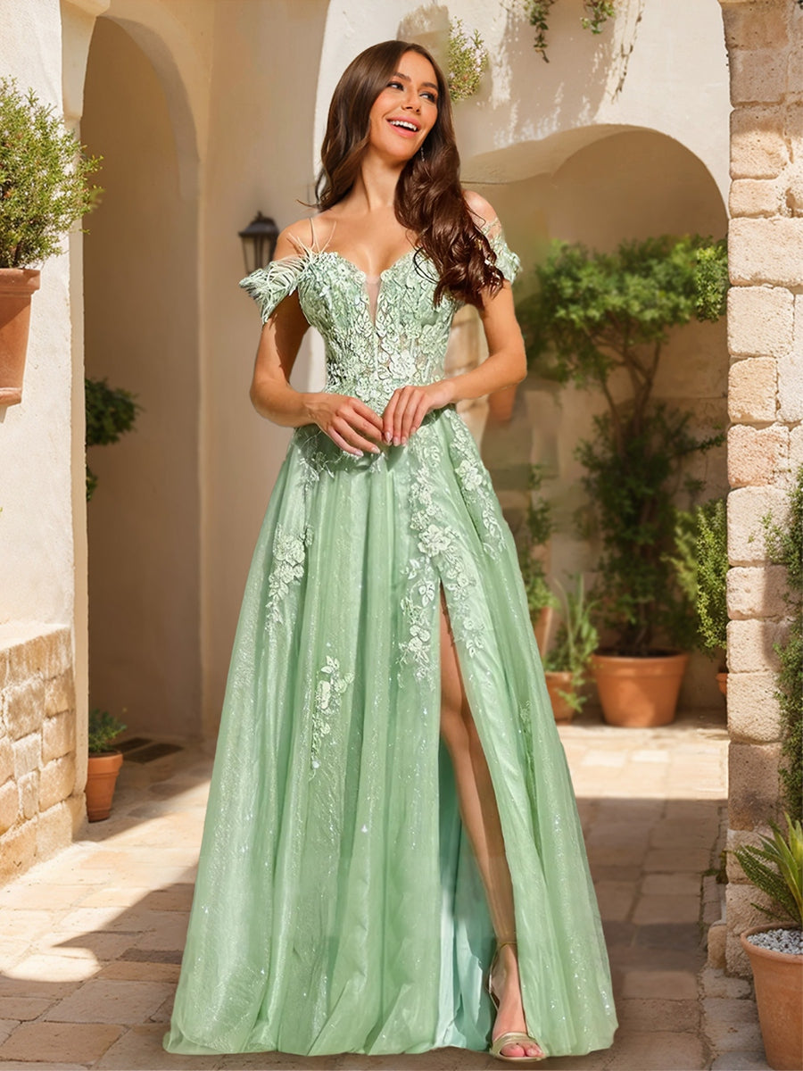 A-Line/Princess Cold-Shoulder Appliques Tulle Formal Dresses with Feathers